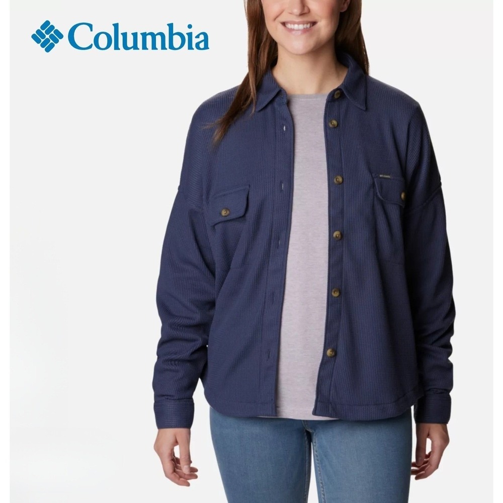 Columbia Holly Hideaway Waffle Knit Shirt Jacket Shacket Womens XL Navy Blue $99